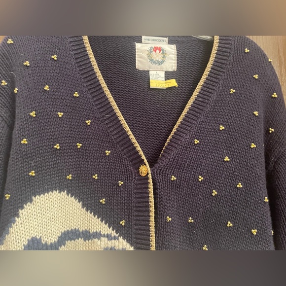 Christopher & Banks Vtg Hand Embroidered Blue Christmas Sweater Cardigan L - Picture 3 of 12